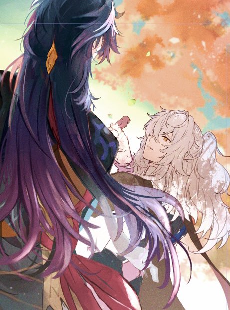 this is an anime artwork of two characters, a male with long purple hair and a female with long white hair. the male is wearing a red and black outfit with a purple scarf, while the female is wearing a white and brown outfit with a pink sash. they are looking at each other with a smile. the background is an orange and yellow sunset sky with leaves falling. they are holding each other's hands.