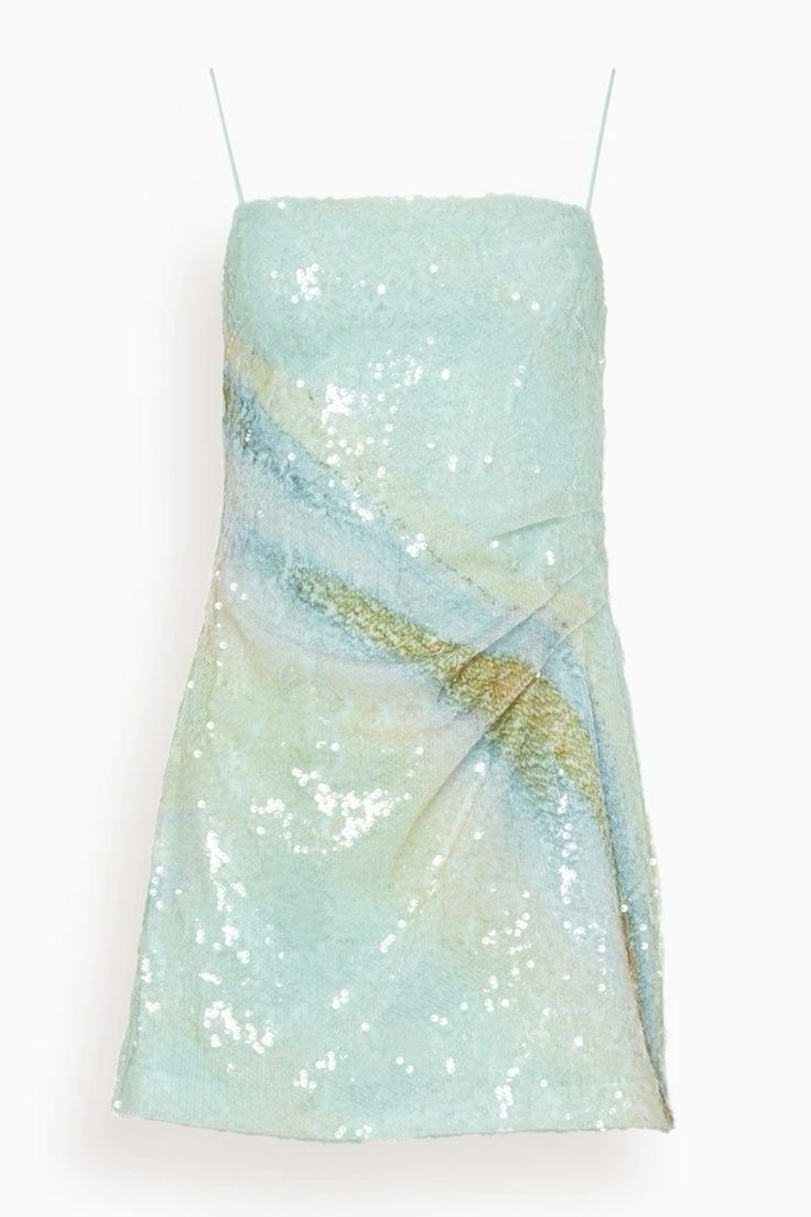 a light blue and pastel green sequined mini dress with a strapless neckline. the dress is made of sequins and has a fitted bodice and a flowy skirt. the dress is perfect for a party or special occasion.