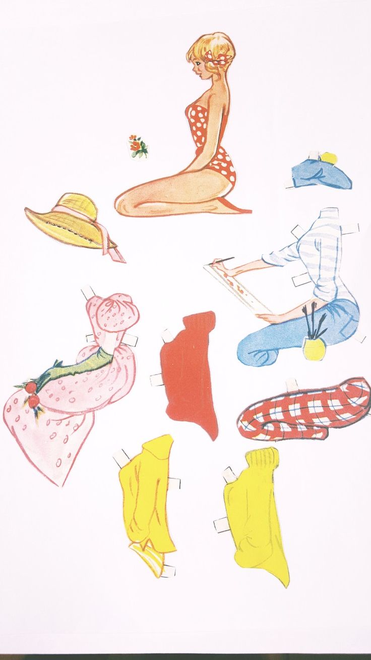 a vintage paper doll image featuring a woman in a polkadot swimsuit, along with various clothing options, including dresses, a shirt, a hat, a skirt, and cardigans. an artist figure is also present, suggesting a creative theme. the style is reminiscent of fashion illustrations from the mid20th century, designed for paper doll play.