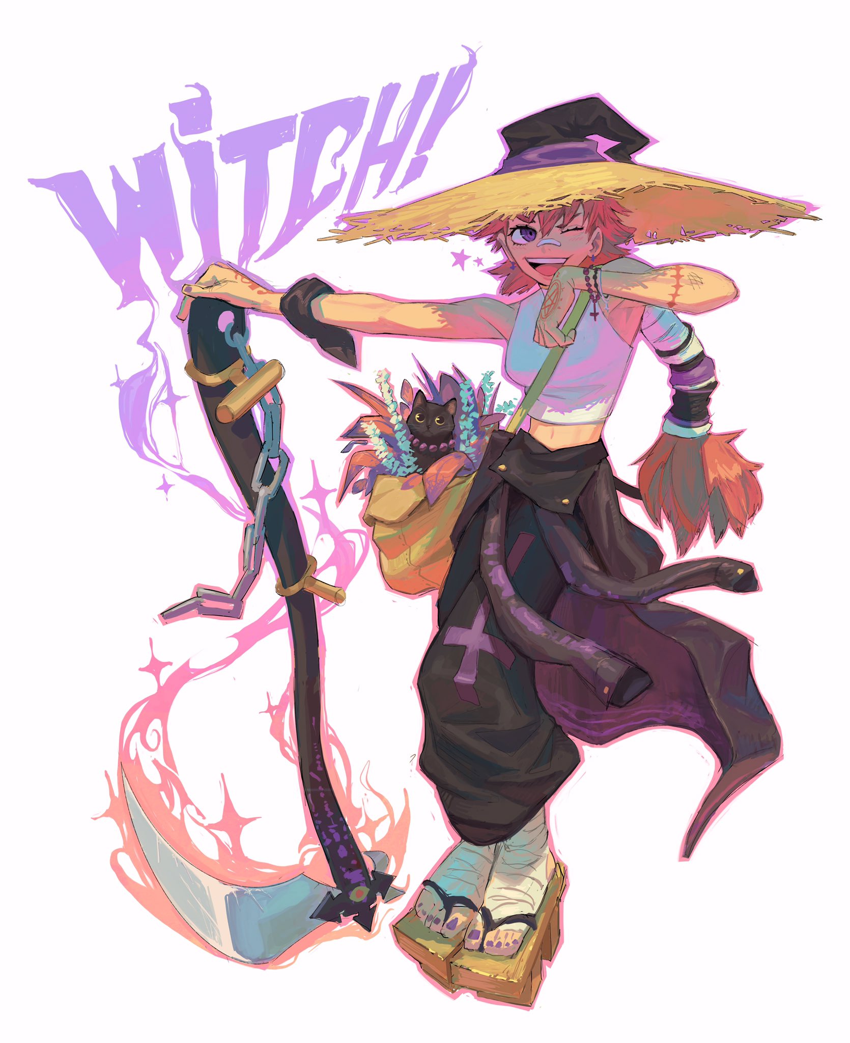 the image is a vibrant digital illustration of a stylized animestyle witch girl.  she has bright pink hair, is wearing a large straw hat, a crop top, baggy pants with a purple and black design, and geta sandals.  she carries a large scythe with a pink and purple energy trail.  a black cat peeks out of a bag she carries over her shoulder, which also contains flowers.  the background is mostly white, highlighting the colorful character and her accessories. the word "witch!" is written in purple stylized lettering above her. her overall expression is playful and confident. the art style is characterized by its bold colors, dynamic poses, and slightly exaggerated features.