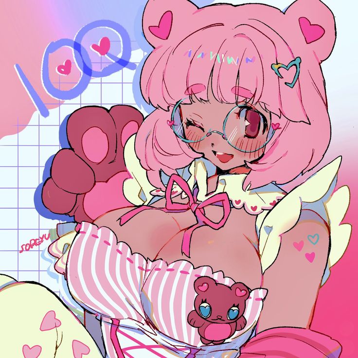 a cartoon anime girl with pink hair wearing glasses and a pink dress with a bear on the front. she is giving a wink to the viewer with a large paw in the foreground of the image. the background is in a retro 90s style with light blue and white colors.