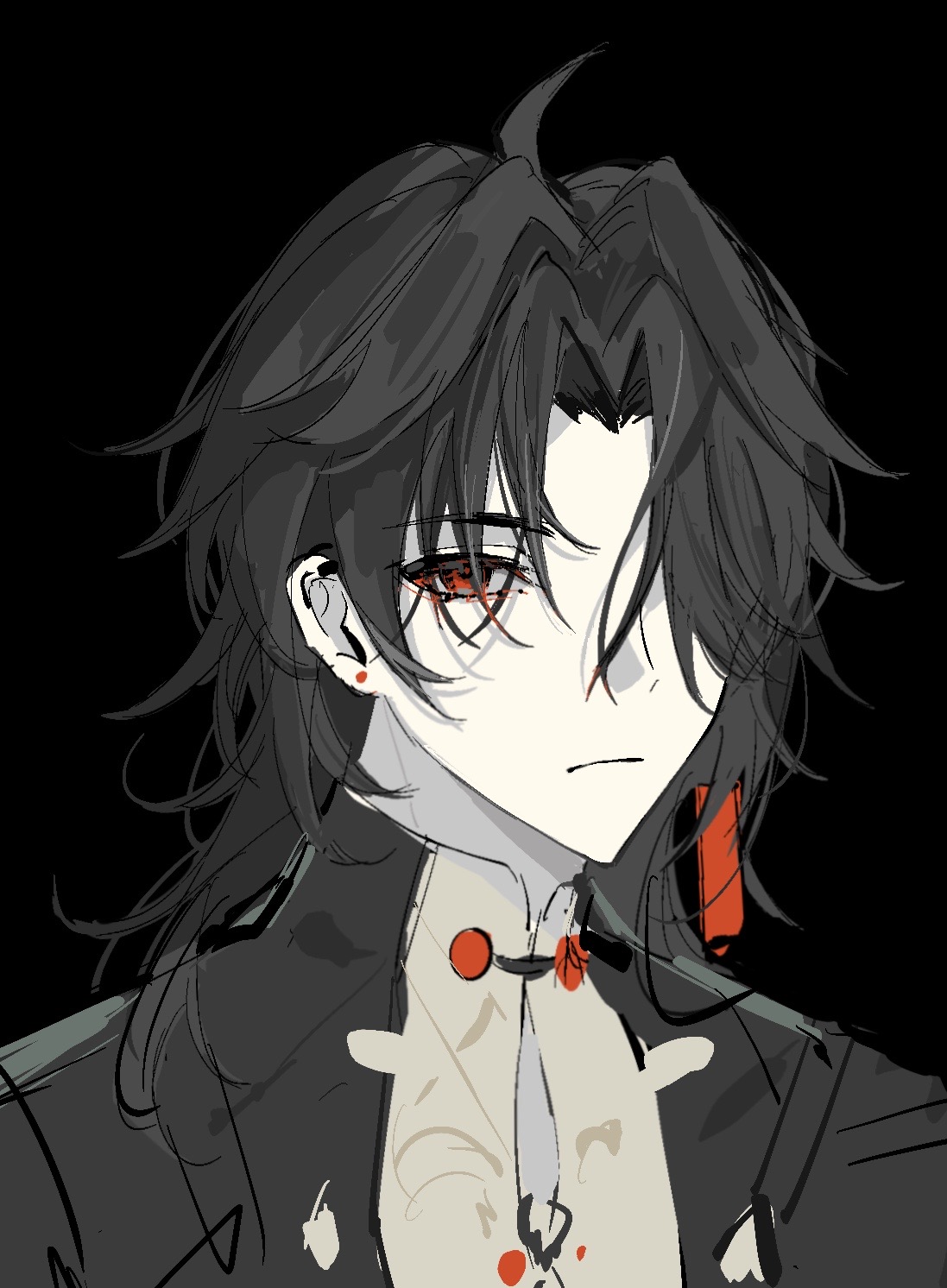 a close up portrait of an anime boy with long black hair, wearing a necklace and earring, staring with red eyes at the viewer against a dark background. the drawing is done in sketch style, with a simple background. the boy's serious expression is emphasized by the dark color palette.