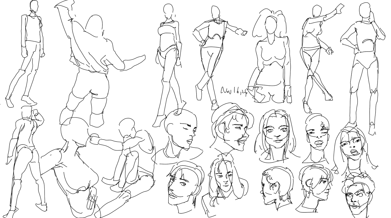 he image contains a collection of quick figure sketches and head studies, executed in a loose and expressive line style.  the sketches depict various human figures in different poses, some fullbody and others focusing on the head and shoulders. the style is spontaneous and emphasizes gesture and movement more than precise anatomical detail. the figures exhibit a range of styles, from fashion model poses to more casual or relaxed postures.  many are done in a minimalist fashion with minimal detail, focusing on capturing the essence of form.  the overall tone is informal and suggests a sketchbook or practice session.