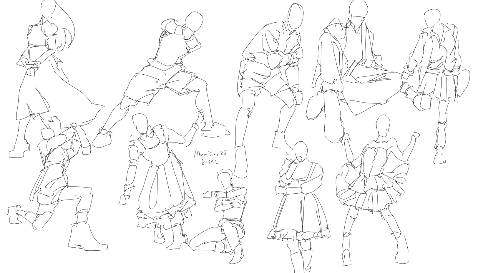 the image is a black and white sketch featuring multiple figures in various dynamic poses. they appear to be gesture drawings, emphasizing movement and form with quick, fluid lines. the figures are clothed in what seems to be a mix of fashion styles, including dresses, skirts, coats, and boots. some of the poses suggest dancing or action scenes.