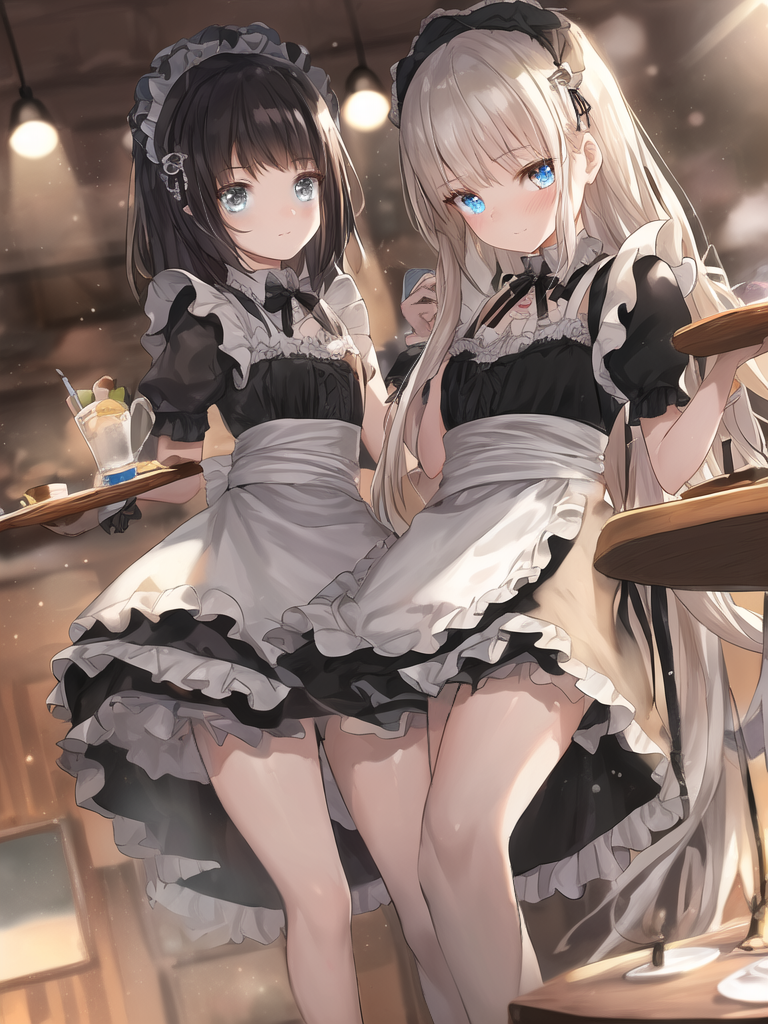 the image is a digital artwork depicting two animestyle girls dressed in maid outfits. they are in what seems to be a cafe setting, with dim lighting and wooden furniture visible. one maid has long, white hair and blue eyes, and the other has shorter, dark brown hair with blue eyes. both are wearing black and white maid dresses with frilly details. they appear to be serving a dessert on a tray. the overall style is cute and moe, with a focus on the girls' appearance and expressions. the art style is soft and detailed, emphasizing the characters' features and clothes.