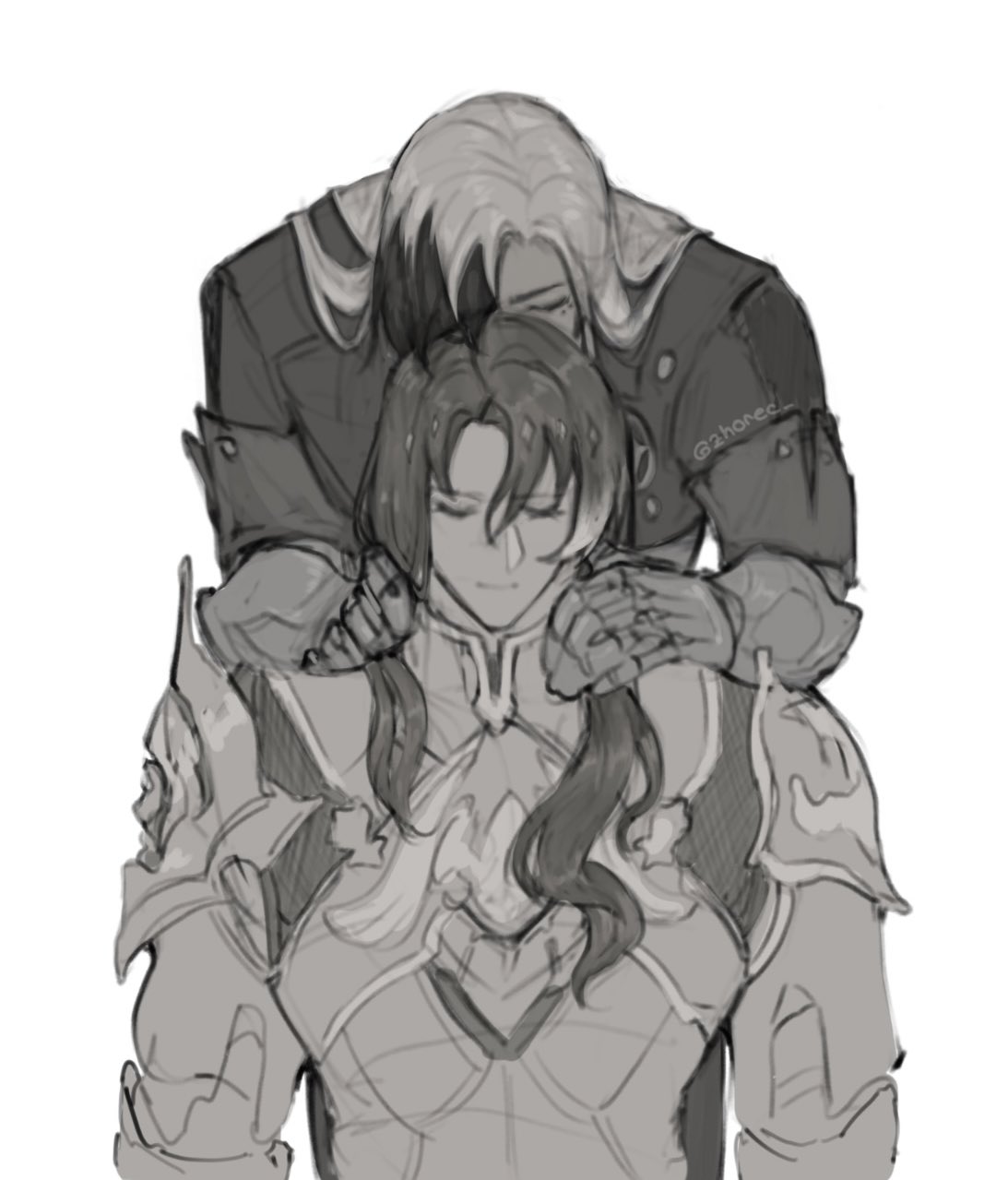 a grayscale digital drawing depicting two men in an embrace.  the man on top, seemingly dressed in darker, more formal attire, has his arms gently around the other man. the lower man wears ornate armor, suggesting a fantasy or historical setting. the style is reminiscent of anime or manga, with soft lines and shading creating a tender and intimate atmosphere. the overall mood is romantic and affectionate.