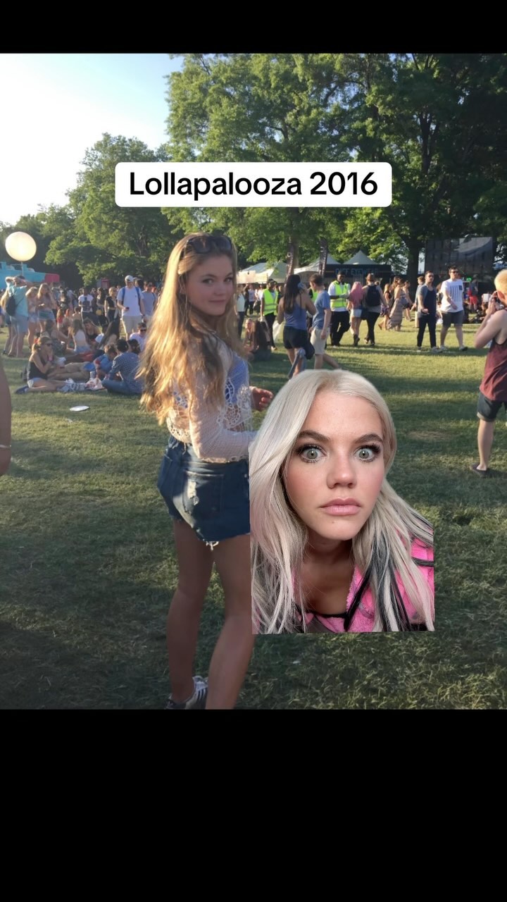 an image of a young woman at lollapalooza 2016, with a closeup of her face after she has dyed her hair blonde and is wearing a pink plaid shirt. she is standing in a grassy field with a crowd of people in the background. the picture appears to be a comparison of her appearance at the festival in 2016 versus later.