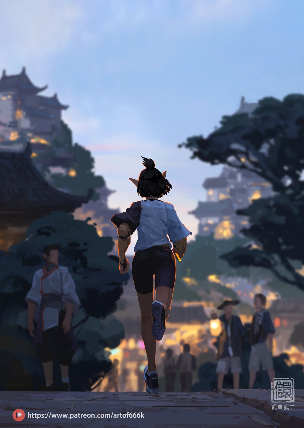 the image is a digital painting of an elf girl jogging away from the viewer. she has short dark hair, is wearing athletic attire, and appears to be running through a quaint asianstyle town or city at sunset. the background shows traditional buildings with warm lights, creating a peaceful atmosphere. the scene is detailed yet stylized, with a focus on light and mood. the overall style leans towards fantasy or animation. a watermark is visible at the bottom right corner.  a watermark with a website url is visible at the bottom left corner.