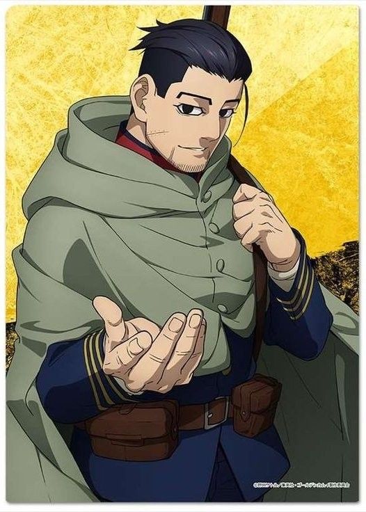 a male anime character stands with a serious expression. he is a soldier wearing a dark blue military coat with a light green cloak and carrying a rifle over his shoulder. the anime character has dark hair and a thin mustache. he is holding out his open hand, and the background is a yellow hue.