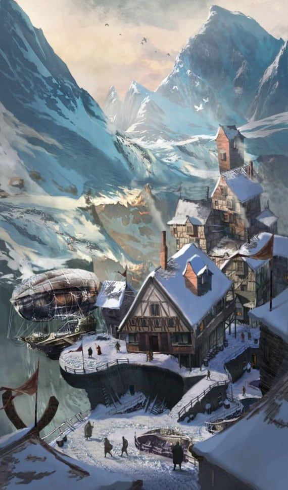 a snowy mountain village nestled between the towering peaks of a mountain range. there are a few people walking around the village, which is covered in snow and ice. the sky is overcast and the air is cold. a large airship is docked just behind the village.