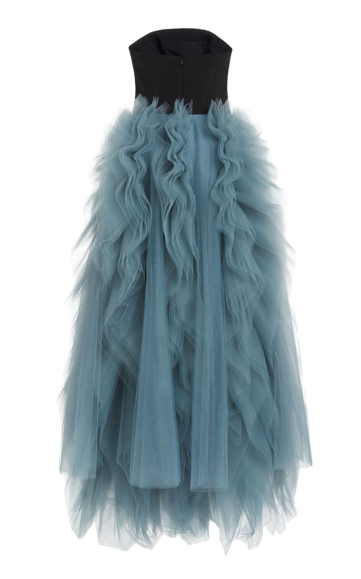 the image shows a strapless dress with a black bodice and a skirt made of layered blue tulle with ruffles. it is formal wear.