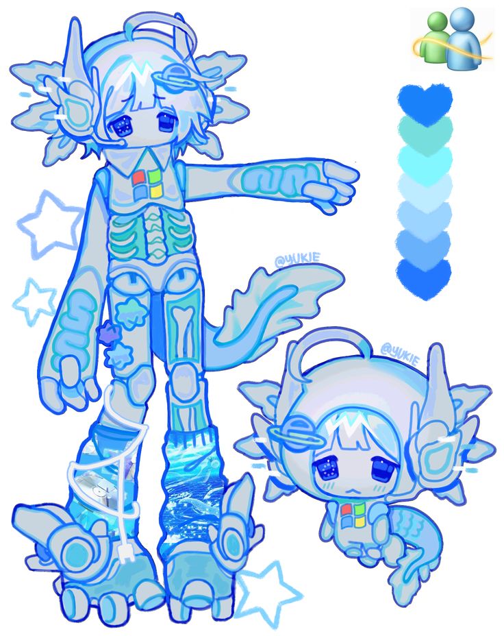 the image showcases digital artwork of two stylized characters, possibly ocs (original characters), reminiscent of anime or chibi styles.  the larger character is taller and more robotlike, with a translucent blue body, visible skeletal elements, and windows xpinspired logo on its chest. it has large, whimsical wings or fins, and wears oceanthemed leg warmers/boots.  the smaller character is a cuter, more compact version with similar features and a mermaidlike tail. both characters share a similar color palette, primarily consisting of shades of light blue, aqua, and teal. a color palette swatch and an icon resembling the classic windows xp network user icon are also included, hinting at design inspiration.  the overall aesthetic is cute, whimsical, and futuristic with pastel colors.