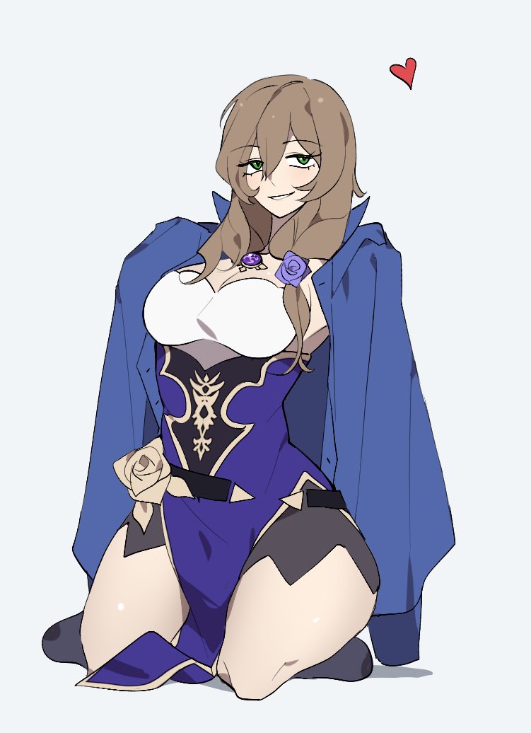 the image is of an anime girl with long brown hair, wearing a blue, purple and white dress. she is smiling and has her legs crossed. she is wearing a blue jacket over her shoulders and has a rose in her hair.