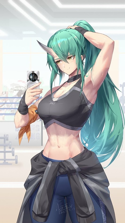 the image is an illustration of an anime girl in a gym setting. she has long, flowing green hair and blue eyes. she's wearing a black sports bra and blue workout pants. she is taking a selfie with her phone and has a happy, confident expression on her face. her muscles are defined and toned, showing that she's committed to her fitness routine. she's surrounded by gym equipment and a bright, white interior.