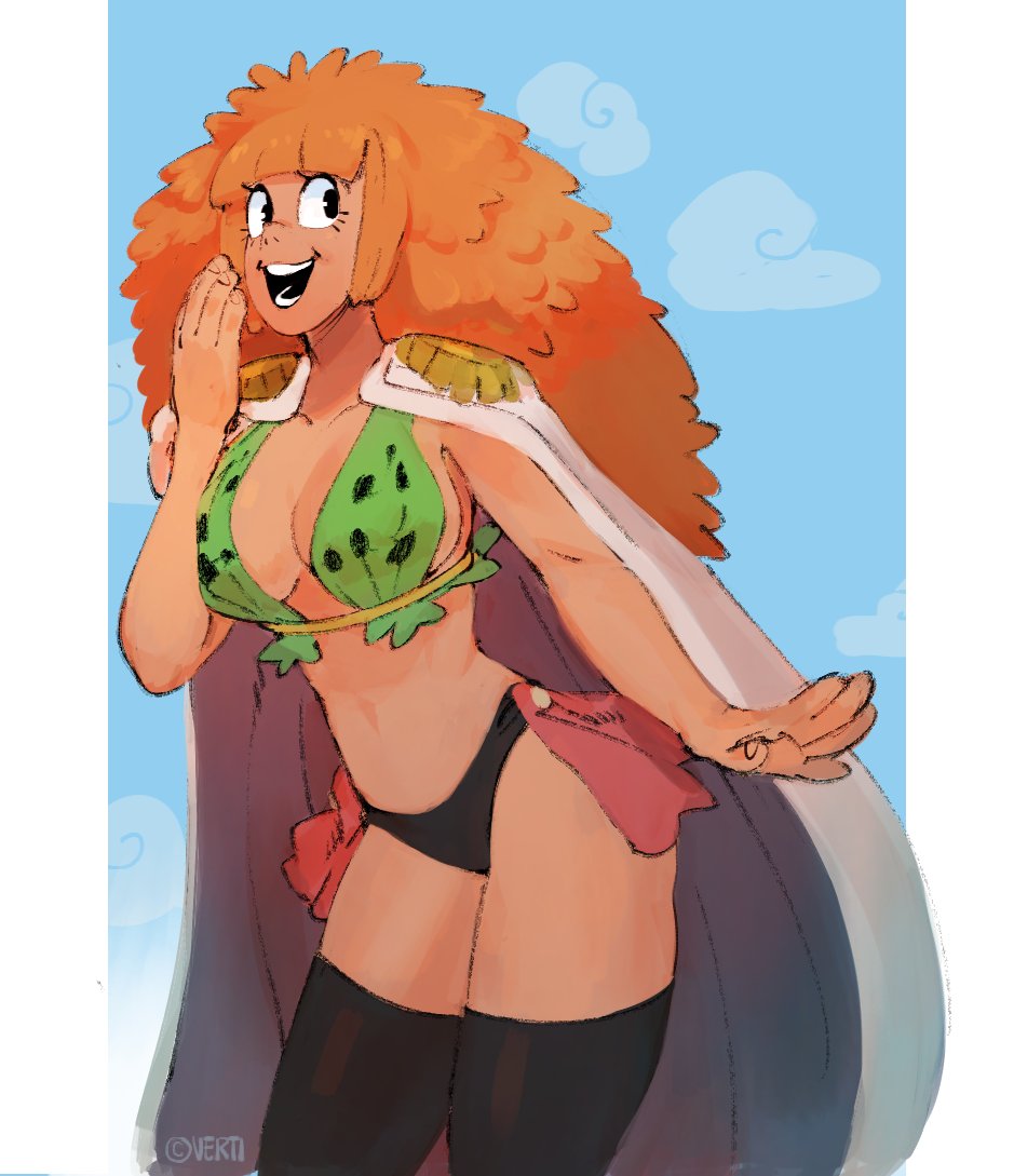 this is a digital illustration of boa hancock from the anime one piece. she has long, curly orange hair, red lips, and is wearing a green bikini top with a white cape.  she is smiling and has a happy expression on her face.  she is standing against a blue sky with white clouds.