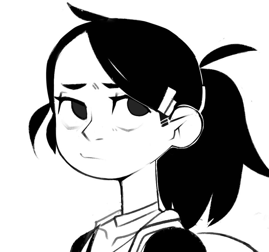 a black and white illustration of a young anime girl with long black hair pulled back in a ponytail. her eyes are big and expressive, and she has a cute, youthful face. she's looking to the right side of the image with a slight smirk.