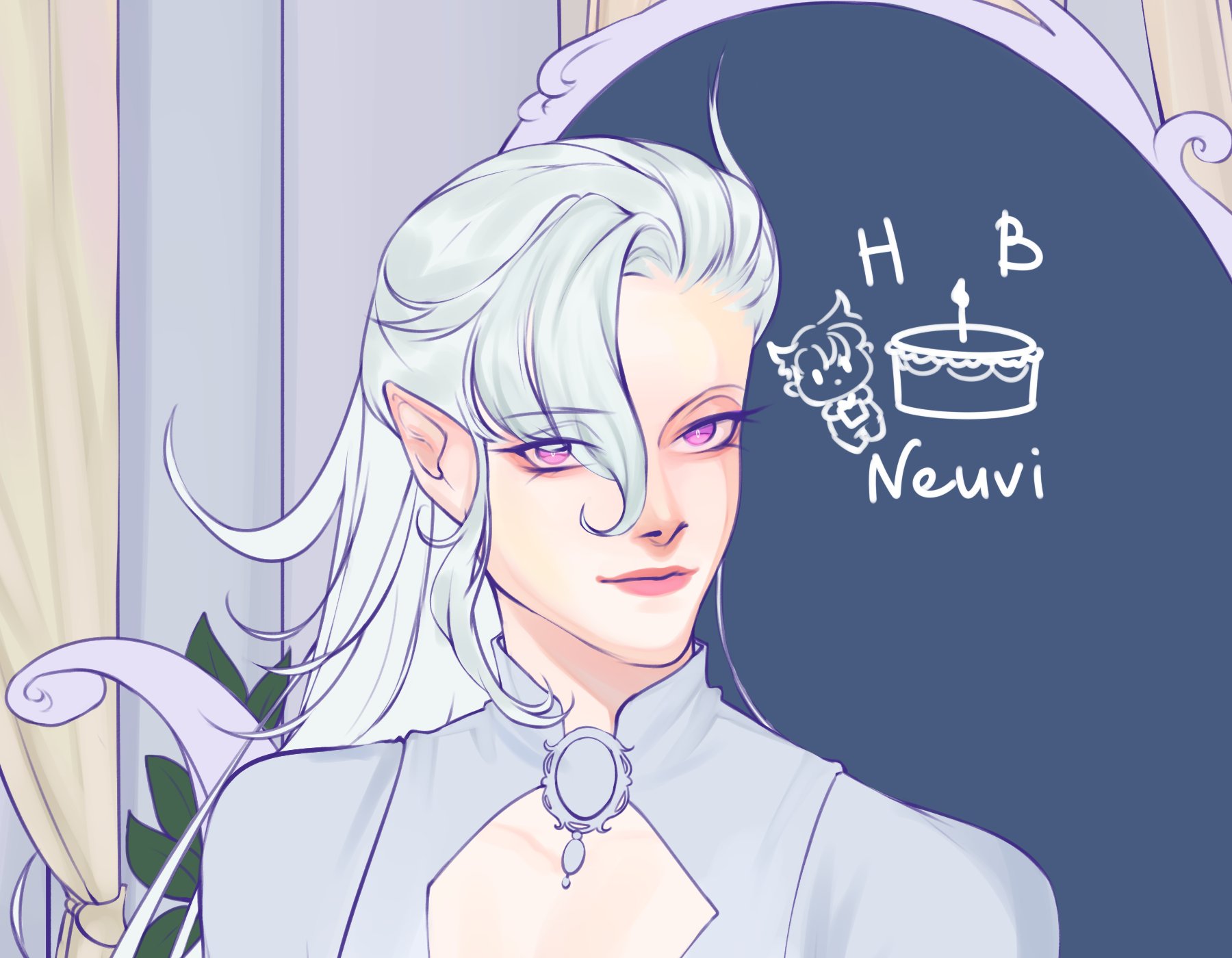 a digital drawing of an anime style girl with long white hair, purple eyes and a white dress, she is standing in front of a blackboard with "happy birthday" written on it with a cake and a small figure.