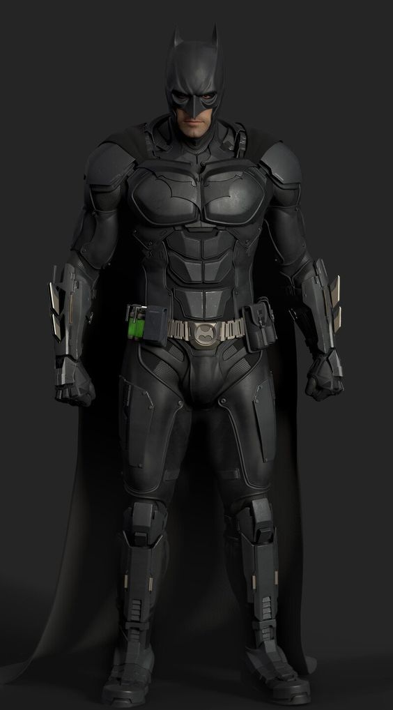 this image depicts a  realistic rendition of batman, a superhero from dc comics. standing in a dark setting, he wears his iconic black suit with a cape billowing behind him. the suit's armoring is clearly visible, and the utility belt loaded with gadgets and weapons is strapped around his waist. his mask, cowl, and the menacing expression on his face accentuate his dark and brooding persona.