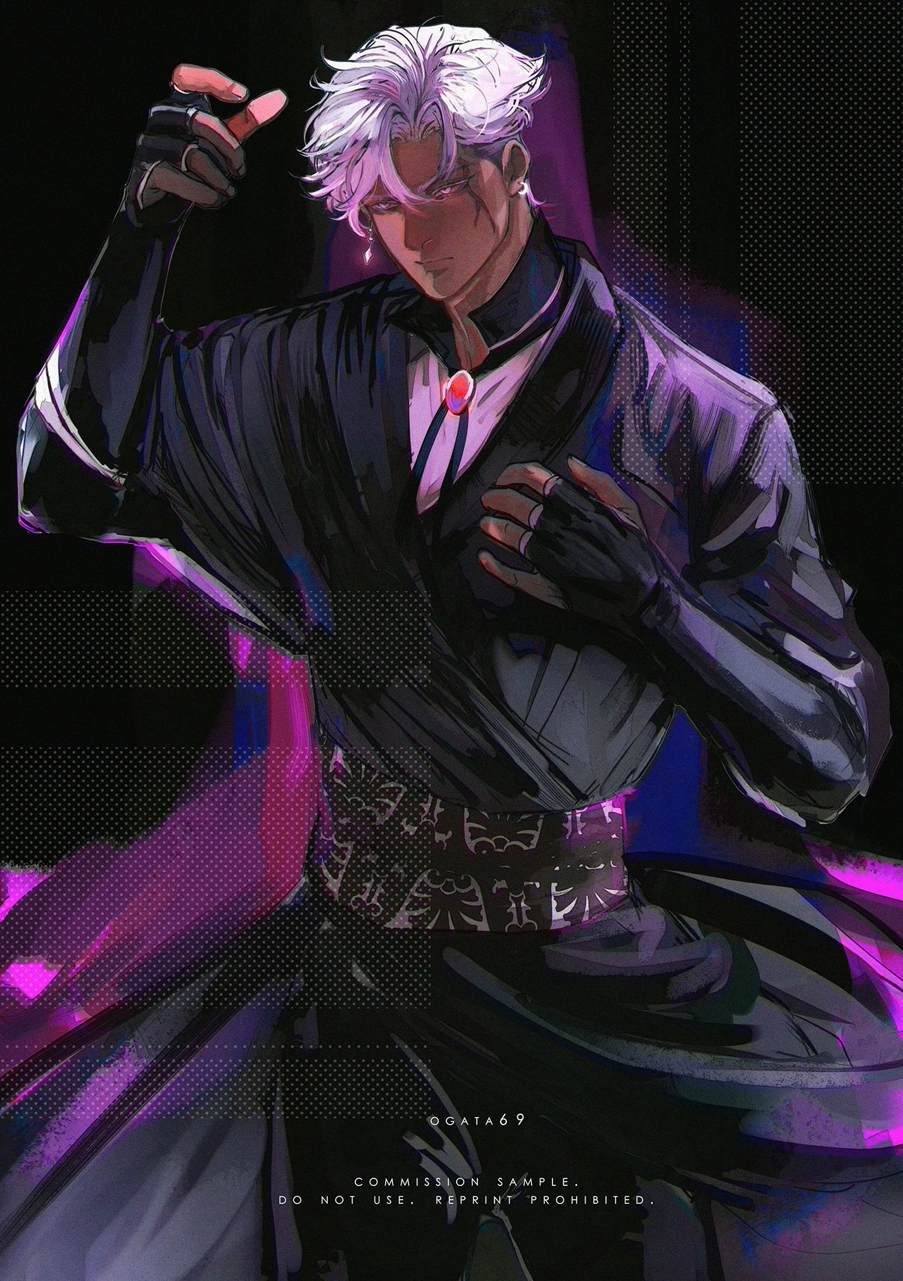 a digital painting of a man with white hair wearing a black outfit with a purple and white background. the man is in a serious pose with his hand raised to his face. the painting is in a dark and mysterious style. the image is of high quality and detail.