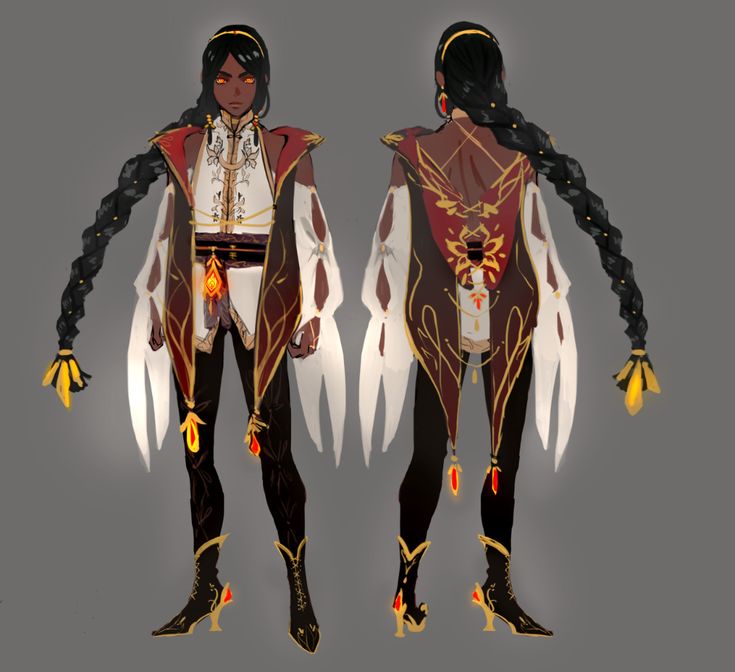 this illustration shows a female character design. the woman is drawn in a standing pose, facing forward with her hair in a long braid. she has a red, gold, and white outfit on with a long cape. this illustration is done in a whimsical style, with the character's hair extending behind her like a flowing ribbon.