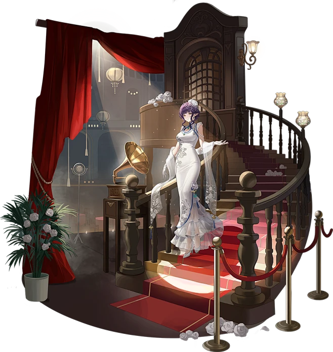 a woman in an elegant white dress stands on a redcarpeted staircase. she is surrounded by white roses and the warm glow of stage lights. a vintage phonograph sits on a small stage in the background, hinting at the musical atmosphere. the scene evokes a sense of glamour and sophistication, like a snapshot from a bygone era.