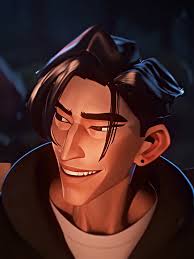 he image shows a closeup portrait of a young man with a smirk on his face. the lighting is dramatic, with deep shadows highlighting his features. he appears to be indoors at night. the man's expression and the lighting suggest a sense of mischief or intensity. he has short, dark hair and brown eyes. the overall aesthetic of the image has an animeinspired style.
