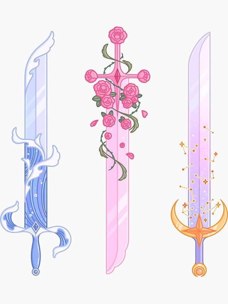 the image shows three stylized swords with different themes. the first sword is blue and white, with a blade resembling water and a hilt shaped like waves. the second sword is pink, adorned with roses and vines wrapping around the blade and hilt. the third sword is purple and gold, featuring constellations drawn along the blade and a hilt with a crescent moon and star.