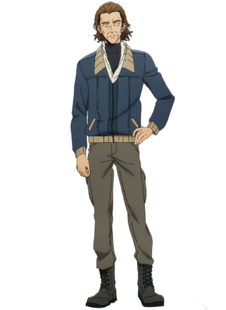 this is a digital illustration of a man in an anime style. he's wearing a blue jacket, brown sweater, and matching pants. he is standing with his right hand on his hip and his left hand by his side, looking at the viewer with a serious expression. he has brown hair and a beard. he is wearing black boots. the background is white.