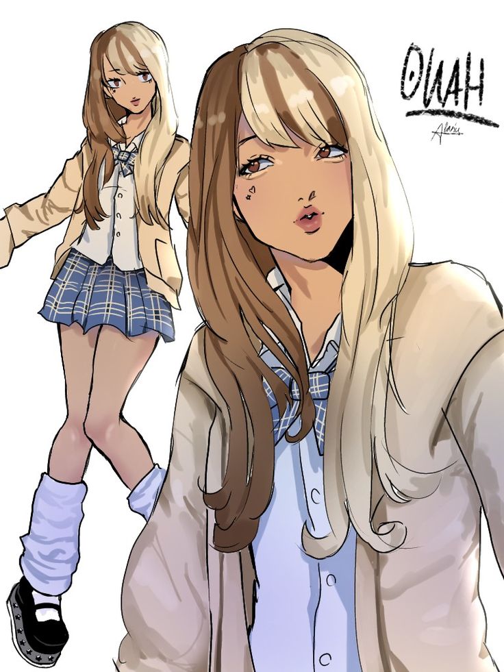 this is an anime style drawing of two girls.  the left girl has long blonde hair, a plaid skirt, a white shirt, and a brown jacket.  she is wearing black mary jane style boots.  the right girl has long brown and blonde hair.  she has a plaid bow, a white shirt, and a brown jacket.  the background is white.