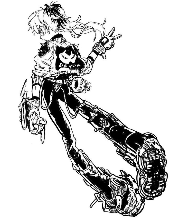 a black and white illustration of a woman with long hair in a punk fashion. she has a cyborg leg and is standing in a dynamic pose.  she looks like she is preparing to fight.