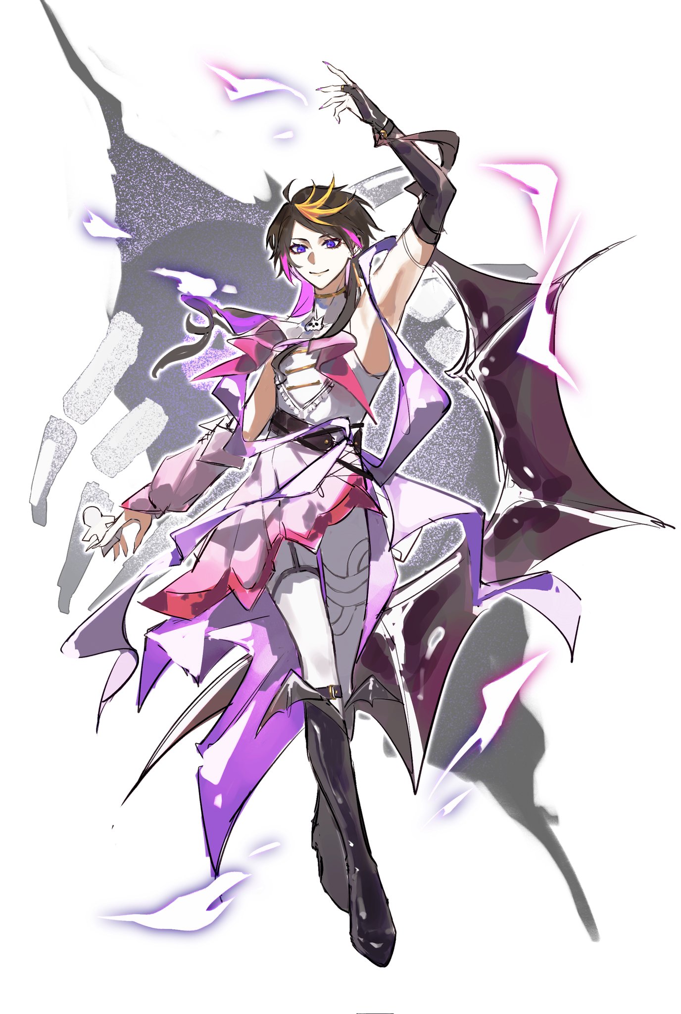 this is a digital illustration of an anime character. the character is a young female with long purple and yellow hair, she is wearing a white top with a purple and pink dress. she has large wings that are purple and black, and she has purple and black magic flowing around her. her pose is dynamic, and she is looking to the side. the artwork is very detailed and welldone.