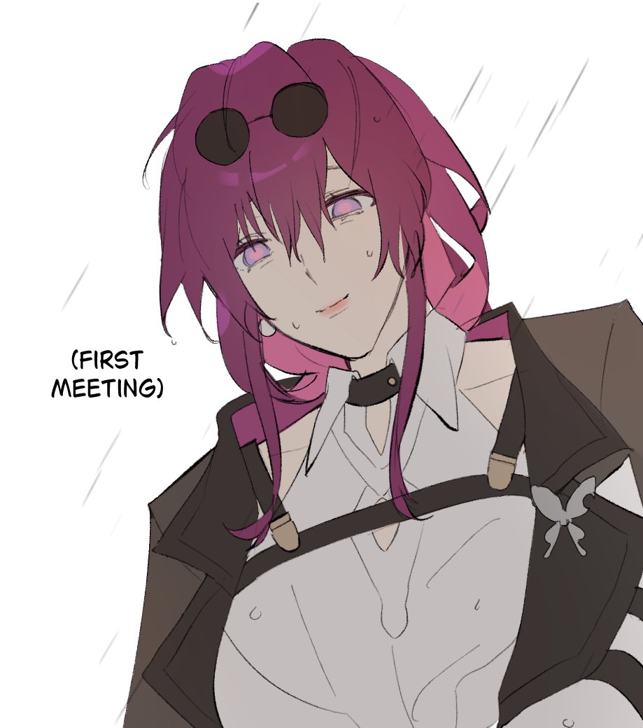 a cartoon drawing of an anime girl with long pink hair, wearing sunglasses, a white shirt, a black choker, and a brown jacket, she is smiling and looking off to the side, as though at someone standing just out of the frame. it is raining in the background. the text " (first meeting)" is in the top left corner of the image.
