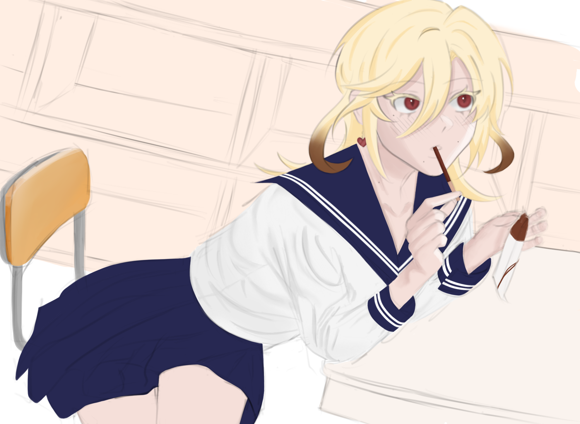 the image is a digital drawing of an animestyle schoolgirl with blonde hair and brown eyes. she is wearing a sailor uniform and is sitting at a desk in a classroom, eating a piece of chocolate.  the style is soft and slightly muted in color palette. the background is a simple, sketchedin representation of classroom furniture. the girl's expression is one of gentle enjoyment.