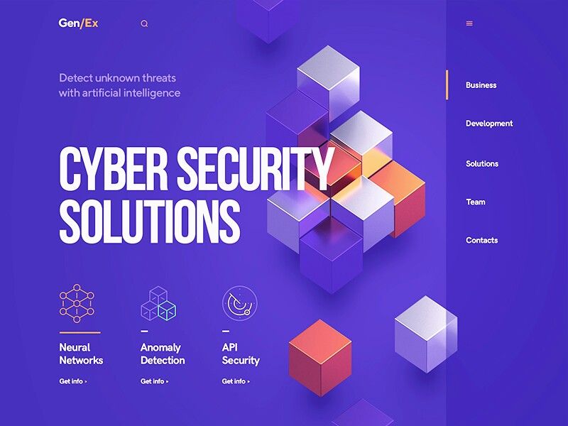 this image showcases a website design for a cyber security company. the header of the website has the company logo and tagline "detect unknown threats with artificial intelligence". the main headline is "cyber security solutions" and the website features three core solutions: neural networks, anomaly detection, and api security. each solution is represented by an icon and a brief description. the design uses a bold purple background with 3d cube graphics and a menu on the right side, offering links to business, development, solutions, team, and contacts. the overall design is modern, clean, and visually appealing.