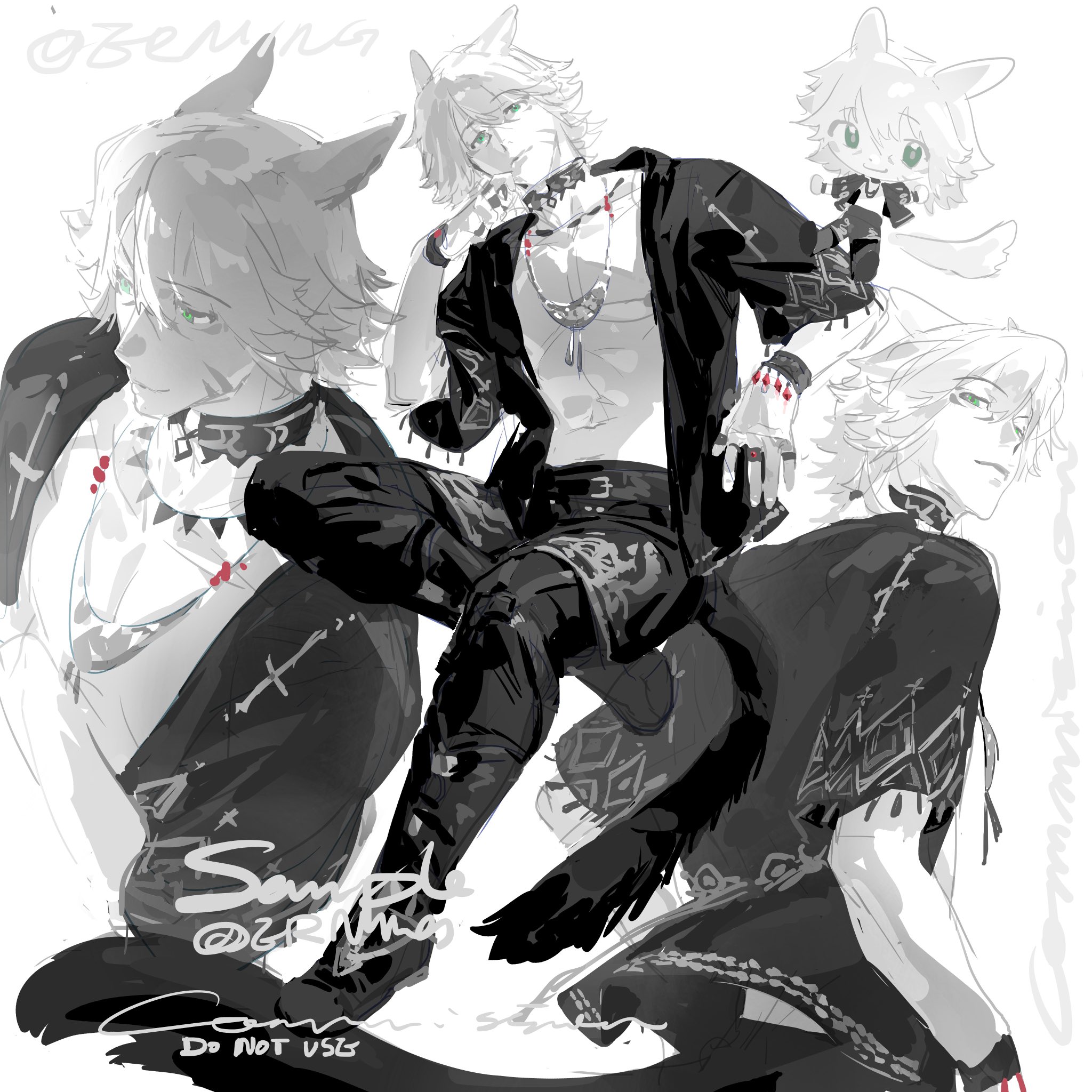 this is a black and white digital illustration of three anime characters. the character in the center is the most prominent and appears to be a young man with white hair and sharp features. he is dressed in a long black jacket, with pants and accessories that appear to be black leather. he appears to be looking directly at the viewer. the character on the left is a boy with white hair, wolf ears, and a black collar. he is dressed in black clothing with a white top. the character on the right is a boy with white hair and wolf ears. he is dressed in black clothing with a white collar. all three characters have sharp features and appear to have a serious expression. the background is a light grey.