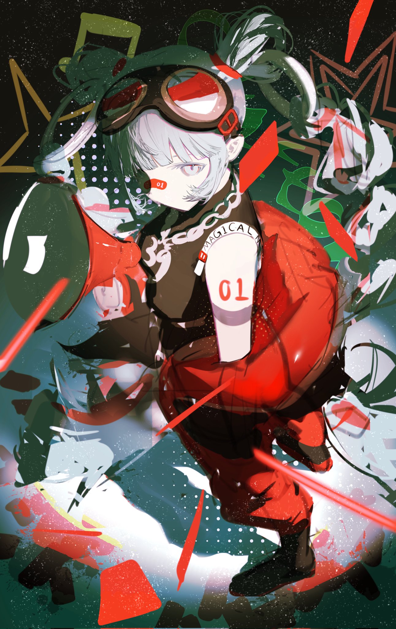 the image is a vibrant digital illustration of an anime girl in a dynamic pose. she's dressed in a futuristic outfit, predominantly red and black, with goggles and a megaphone. the background is a chaotic mix of graffiti and abstract shapes in various shades of green, red, and white. the overall style is cyberpunkinspired, blending fantasy elements with futuristic technology. the girl appears energetic and powerful, possibly a character from an anime series or video game.  the number "01" is prominently displayed, and the word "magical" is partially visible on her attire, hinting at a possible character name or title.