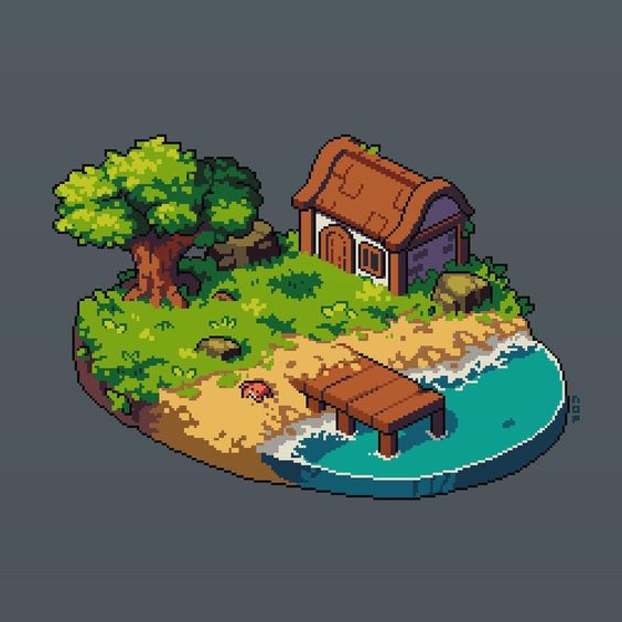 a pixel art depiction of a small island with a house, a tree, and a dock. the island is surrounded by water and has a small beach. the art style is isometric, and the palette is muted and calming.