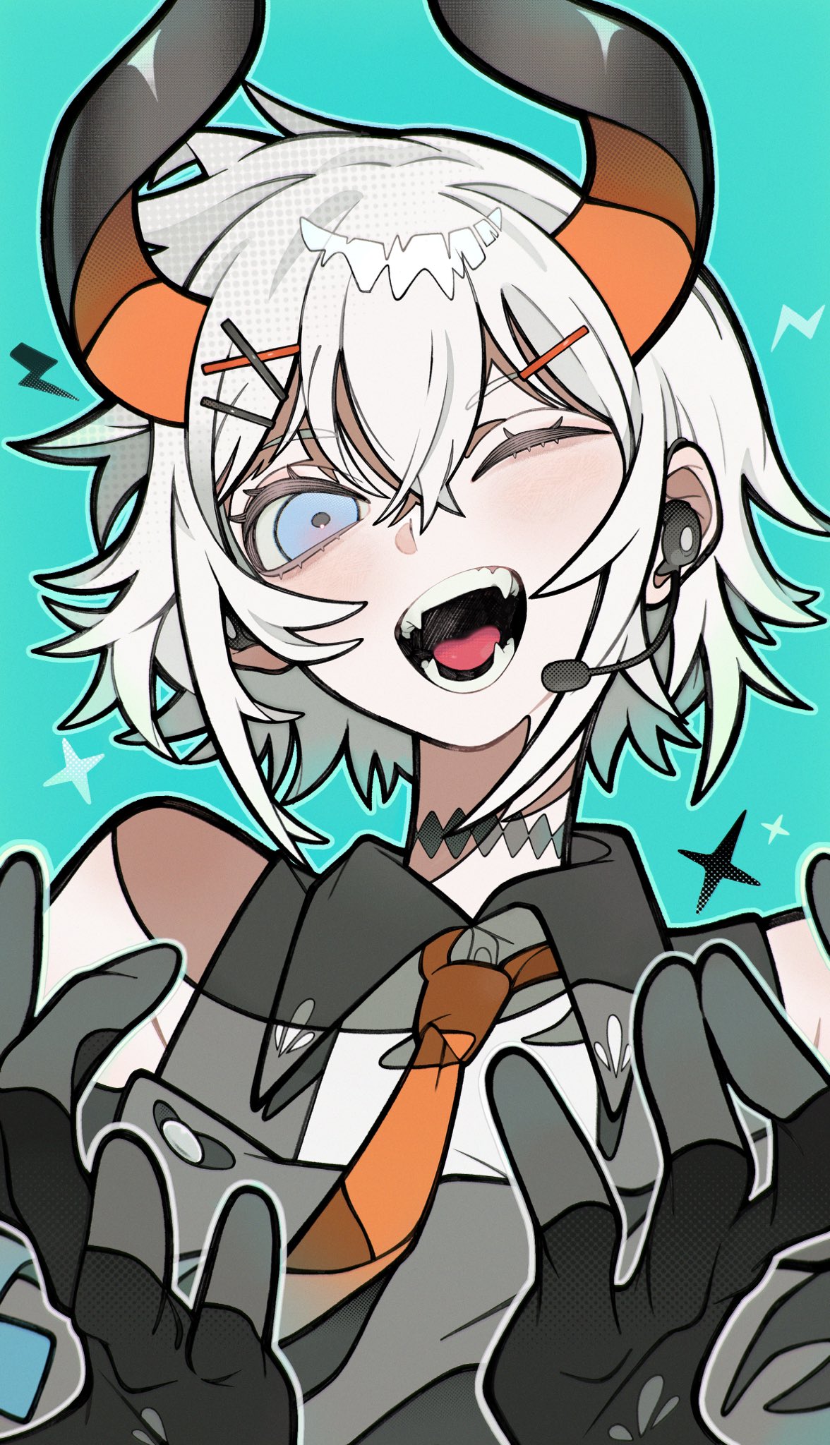 a digital illustration of a cheerful anime girl with white hair and orange horns, wearing a white and black outfit with orange gloves, and teal background. she is smiling with her eyes closed and her mouth wide open. she looks happy and excited.