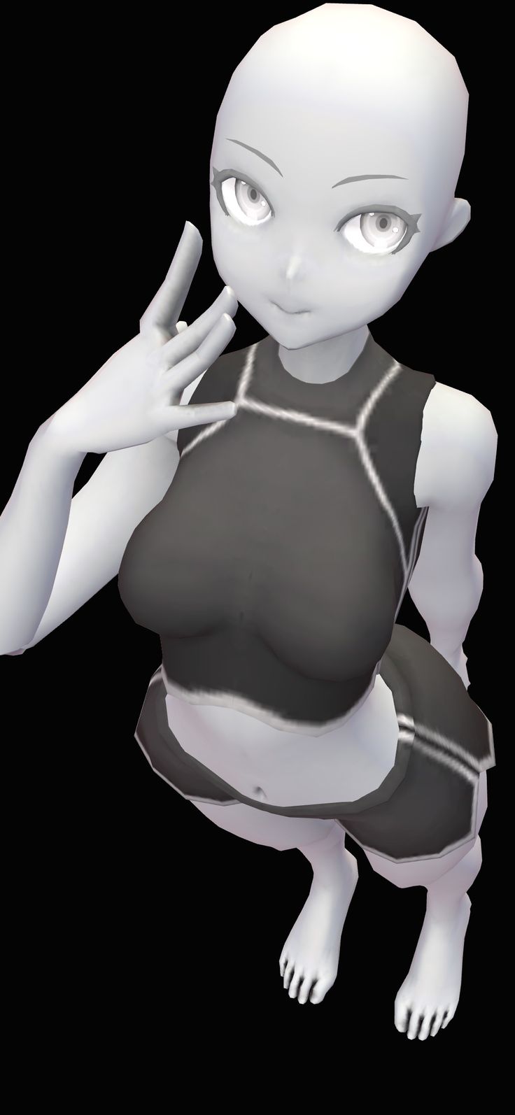 a 3d rendered image of a girl with white skin and black hair smiling while posing with her hand up. she is wearing a grey tank top with white stripes and black shorts with white stripes.