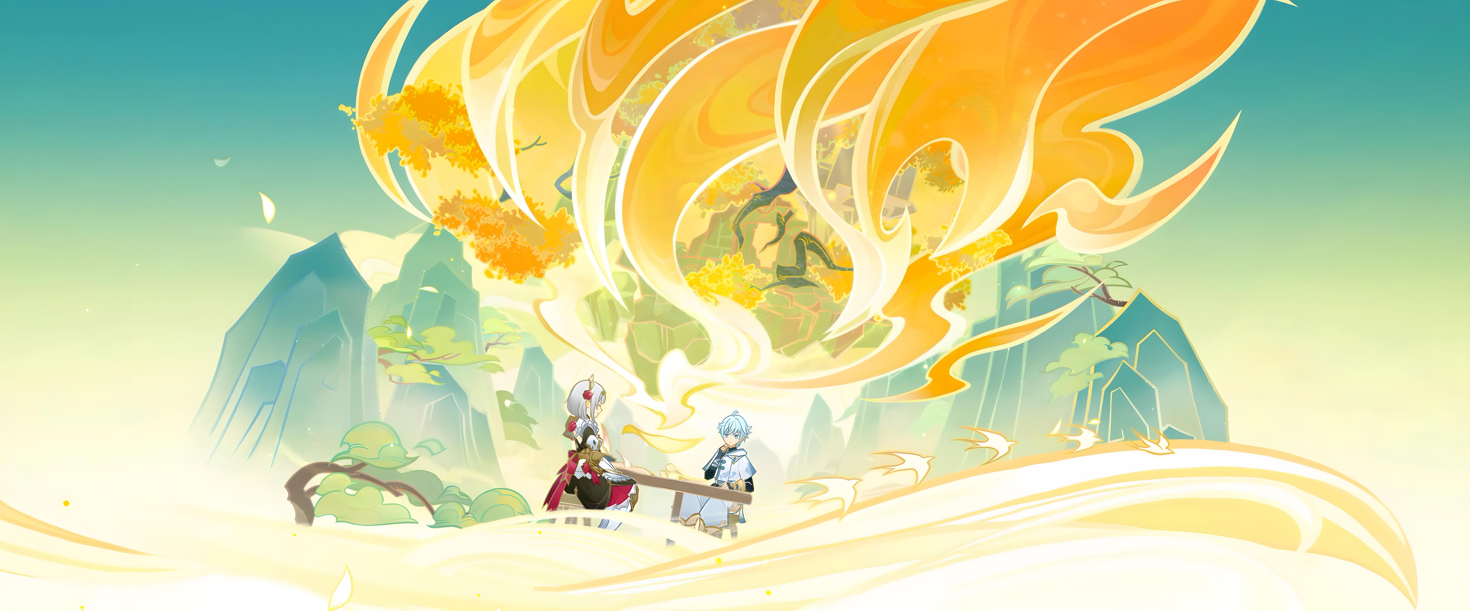 this is a digital art piece featuring two characters from the popular video game genshin impact, set against a fantastical backdrop.  the scene features a female character with white hair, dressed in black and red, and a male character with blue hair, wearing a white outfit. they are standing near a mountain, with a backdrop of clouds, sky, and a swirling, magicallooking golden force. the art style is whimsical and dreamlike, with bright colors and detailed brushstrokes.  the image captures a sense of wonder and adventure.