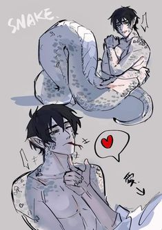 this is a sketch page of a young man designed with snake features. he is depicted in two poses. the top one has the man curled in on himself, looking over his shoulder with a slight smirk on his face. his lower half is a snake's tail covered in scales. the second image below depicts the same man, this time shirtless, with a hand on his chest and the other reaching towards the viewer. the art style is soft with suggestive lines and hatching for shading. there is a heart with "love" written inside above a curved arrow pointing to the second image of the young man.