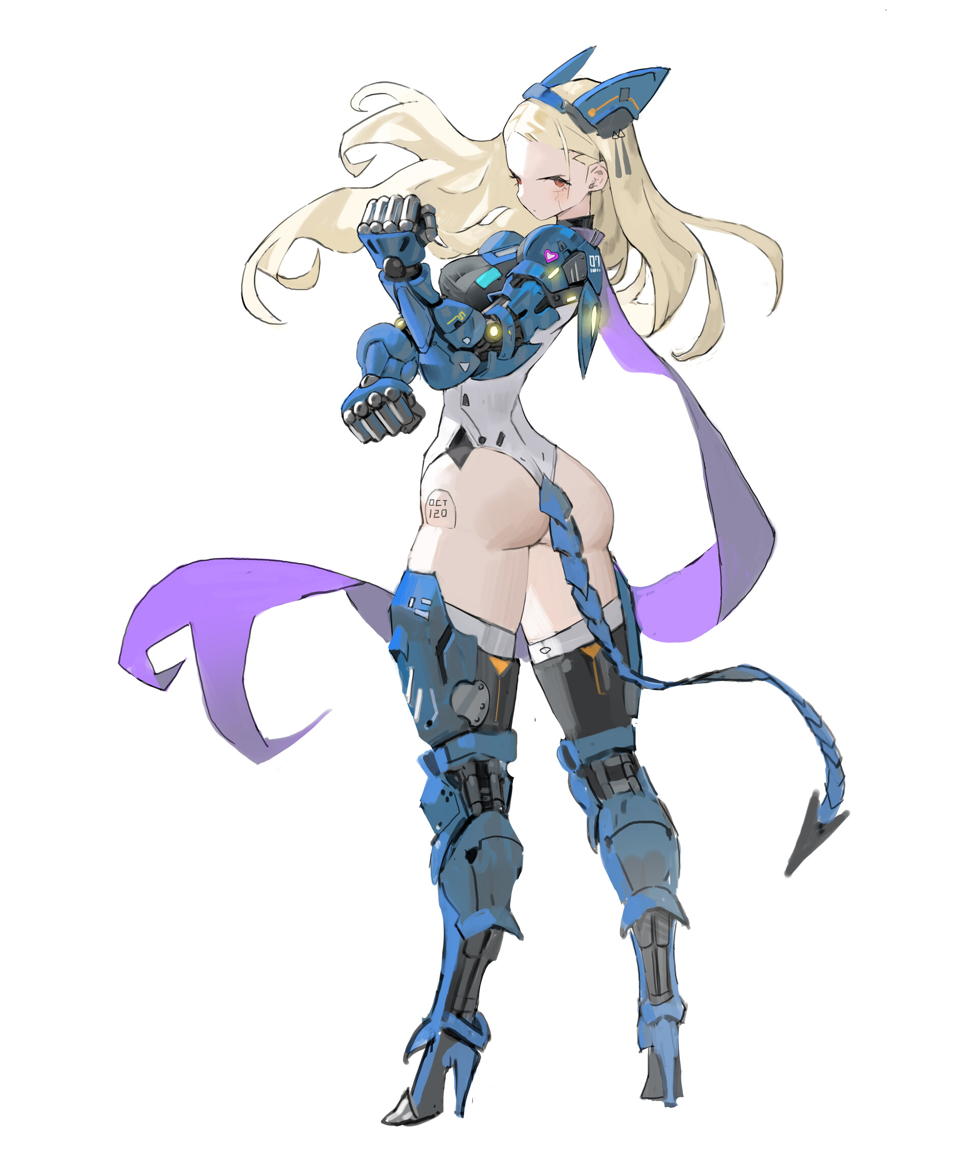 an animestyle illustration depicts a blondehaired girl in futuristic blue armor. she has a braid that extends from her back, and she wears high heels that are integrated into the armor. a purple ribbon flows behind her. she appears to be a robot or cyborg character design.