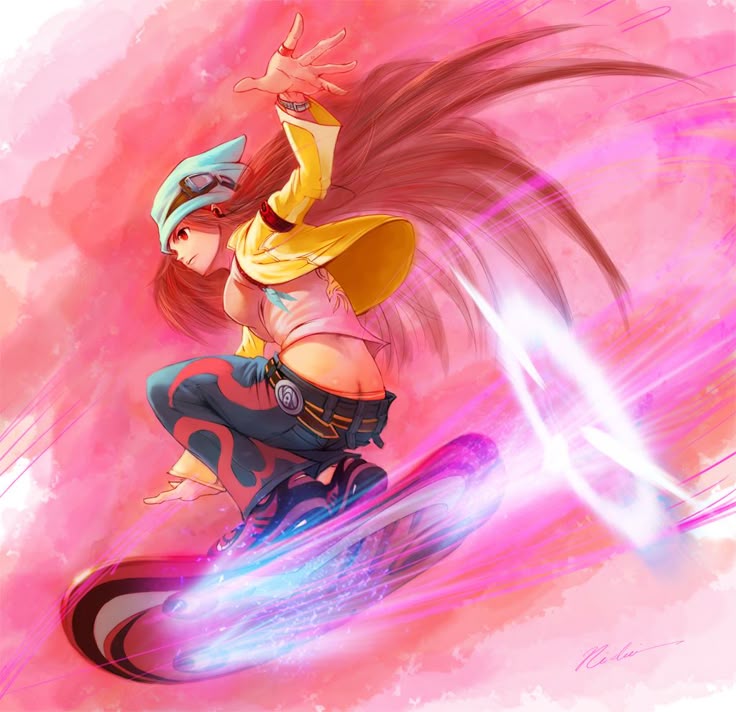 an animestyle illustration shows a girl snowboarding. she has red hair, is wearing a light blue cap with goggles on top, a yellow jacket, a pink shirt, and blue pants with a decorative belt. she is in a dynamic, active pose, seemingly jumping or performing a trick on her snowboard, which has energy trails emanating from it. the background is a mix of pink tones, suggesting speed and motion. the overall impression is one of adventure, skill, and fantasy.
