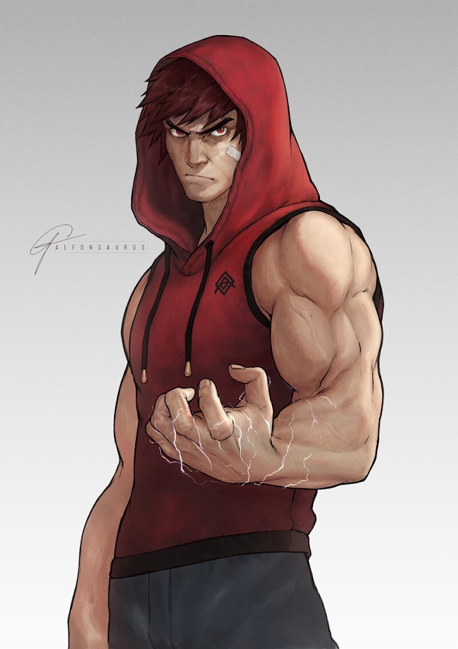 this digital painting portrays a man with a serious expression. he is wearing a red sleeveless shirt with a matching red hoodie pulled back on his head. he is flexing his powerful right arm, with lightning emanating from his hand.  the background is a solid, light gray, drawing attention to the man in the foreground.