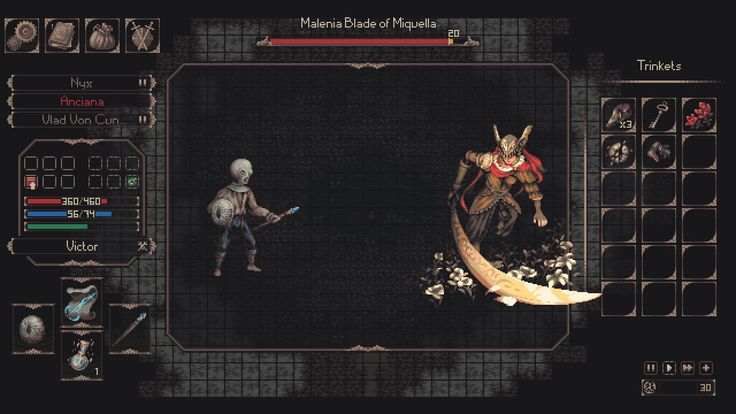 the image shows a screenshot of the video game salt and sacrifice, displaying the ingame inventory and character information. the interface includes inventory slots, health and stamina bars, character names, and the current opponent's name and health bar (malenia blade of miquella). the player character, named victor, is shown on the left side of the screen, while the opponent is on the right. the inventory includes various items, and there is a section labeled "trinkets" with available trinkets.
