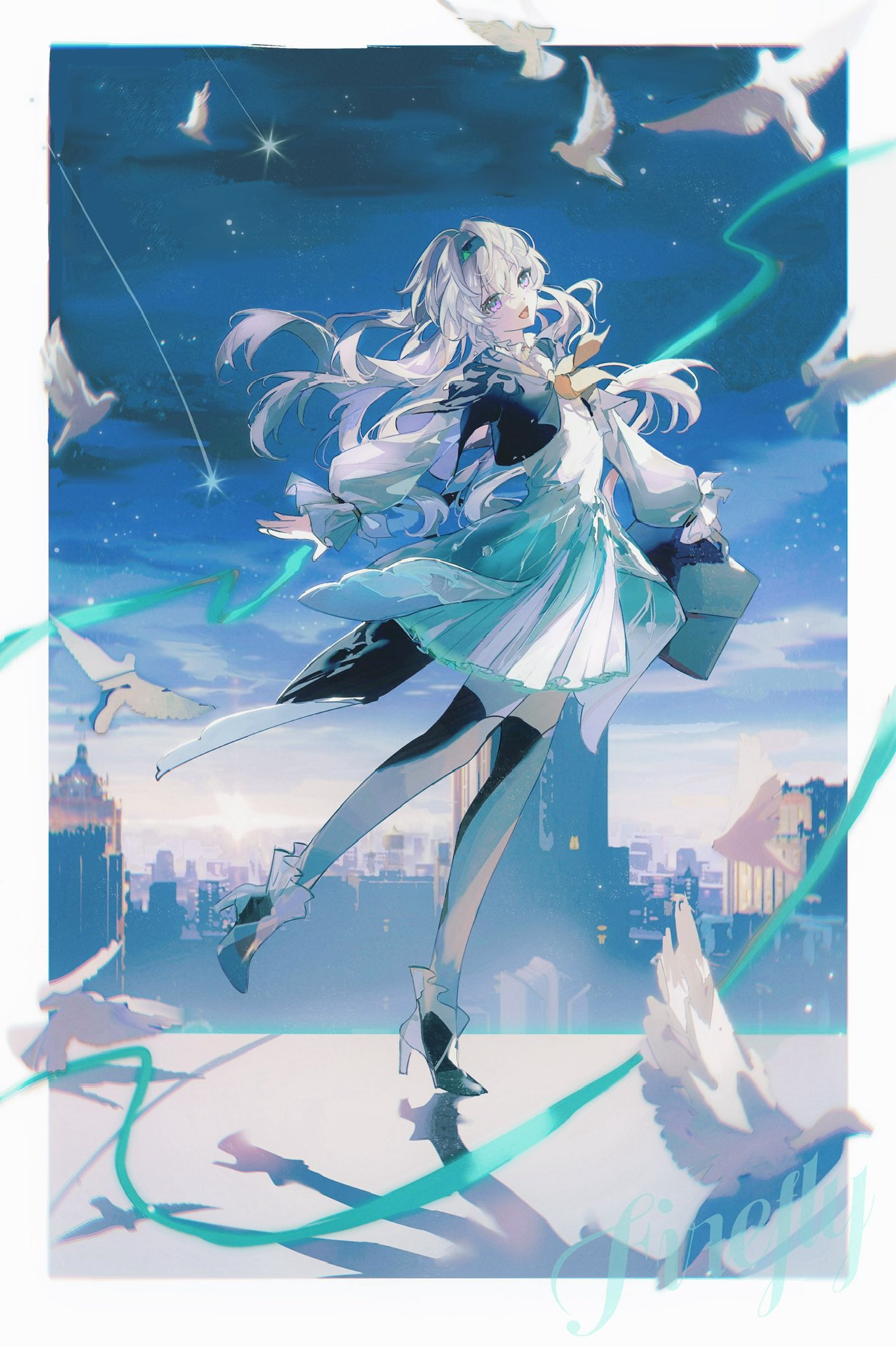 a beautiful anime girl with long white hair and a blue dress is floating in the air above a city. she has a magical, ethereal quality. there are stars and birds in the sky, and the scene has a dreamy, fantasy feel. the girl is wearing a pair of  shoes and there are ribbons flowing from her fingers.  the image is a beautiful and captivating illustration.