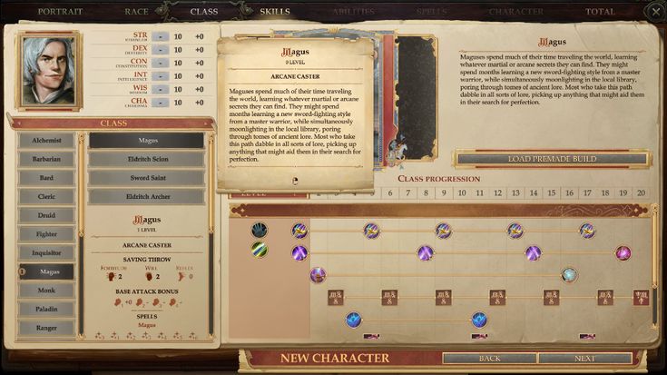the image is a screenshot from a roleplaying game, showing the character creation screen for a mage class. the screen displays the character's portrait, stats, abilities, skills, and a description of the mage class.  the class progression bar shows the character's path through the game, with various abilities unlocking at different levels. the screen is in a medieval fantasy style with ornate borders and text.