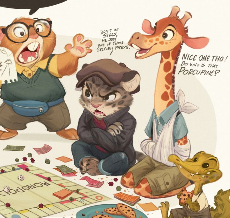 a fanart image depicting anthropomorphic animals playing monopoly. a hamster with glasses is arguing and waving his hand, while a leopard in a hat is sitting with arms crossed and looking angry. a giraffe with an injured arm is saying "nice one tho! but who is that porcupine?", while an alligator smiles and eats a cookie. monopoly money and dice are scattered around the board.