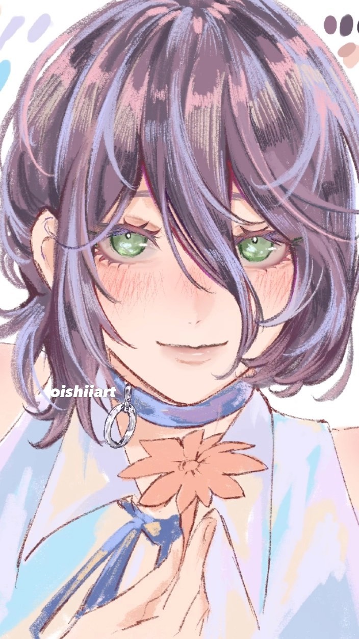 the image is a closeup digital drawing or illustration of a young animestyle woman. she has long, slightly wavy purple hair with lighter purple and pink highlights. her eyes are a striking green, and she has a gentle, soft expression with a slight blush on her cheeks.  she's wearing a lightcolored, pastelhued outfit with a blue ribbon and choker. she's holding a delicate orange flower to her chest. the overall style is soft, pastel, and dreamy, with a focus on delicate details and a peaceful atmosphere. the artist's signature "bishiiiart" is subtly included in the image.