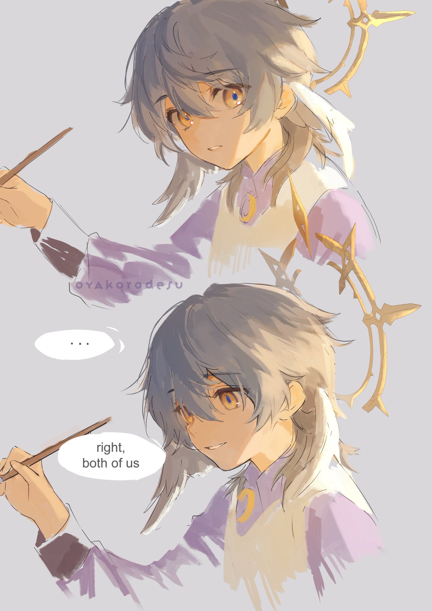 the image is of two anime girls in purple clothing, smiling while holding up chopsticks. they have long white and blue hair. the girl in the back is slightly faded and has an aura of golden light. there is text in the image that says "right, both of us," which suggests that they are both eating something and agreeing on it. the background is a light, simple, and soft pastel color.